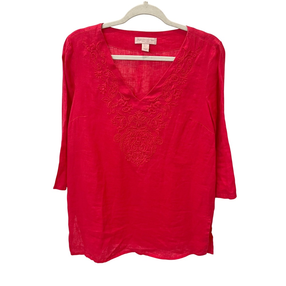Saint Tropez West Women Red Linen Embroidered V-Neck Tunic Top Coastal Sz Small
